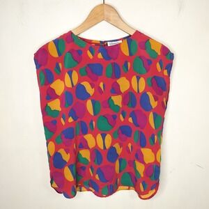 LEEHAUS Vintage Silk Top Colorful Print Abstract Art to Wear